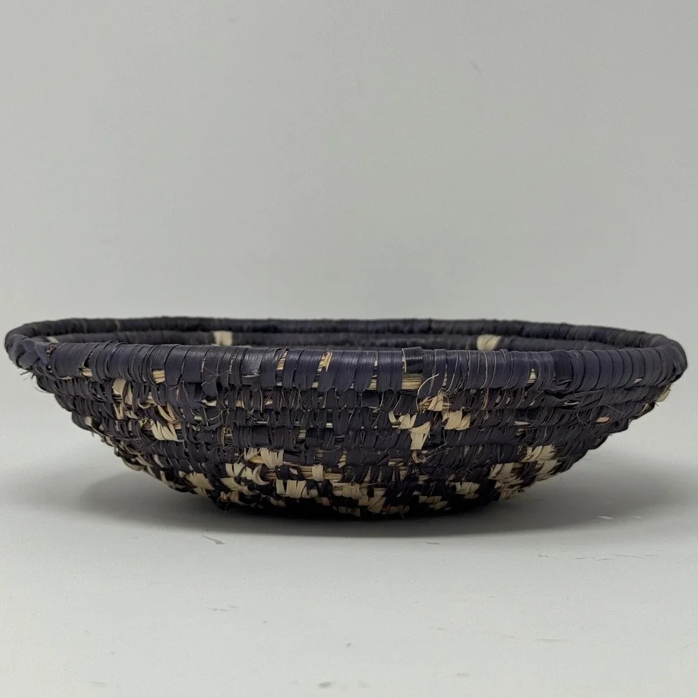 Vintage Handwoven Coiled Basket Bowl Black & Natural Tribal Woven 9